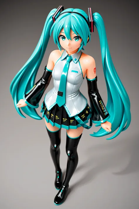 Hatsune Miku anime figure style plastic texture 3D render soft lighting high detail, sharp focus toy-like shading dynamic angle full body