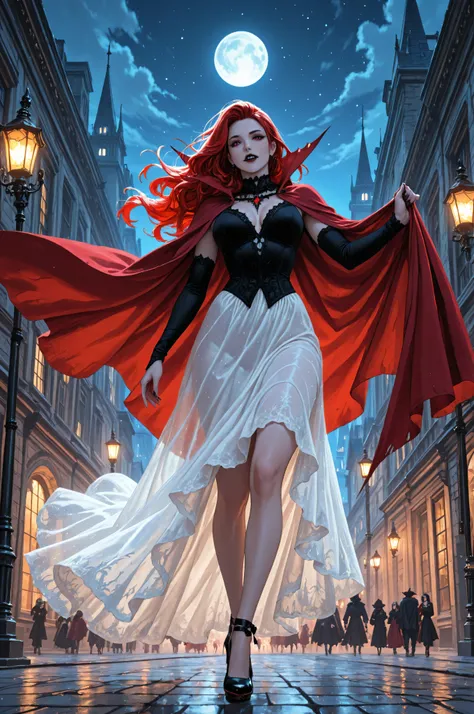 ,comic art, fantasy art, RPG art, a picture of a female vampire walking in a windy day, in the big city, a beautiful mature vampire , elegant vampire, dynamic hair color, dynamic hair style, wearing intricate white silk dress,  billowing in the wind, flowi...