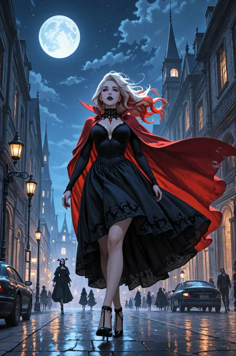,comic art, fantasy art, RPG art, a picture of a female vampire walking in a windy day, in the big city, a beautiful mature vampire , elegant vampire, dynamic hair color, dynamic hair style, wearing intricate white silk dress,  billowing in the wind, flowi...