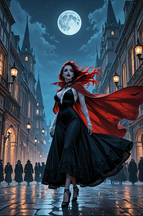 aidmaMJ6.1,,comic art, fantasy art, RPG art, a picture of a female vampire walking in a windy day, in the big city, a beautiful mature vampire , elegant vampire, dynamic hair color, dynamic hair style, wearing intricate white silk dress,  billowing in the ...