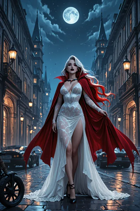 aidmaMJ6.1,,comic art, fantasy art, RPG art, a picture of a female vampire walking in a windy day, in the big city, a beautiful mature vampire , elegant vampire, dynamic hair color, dynamic hair style, wearing intricate white silk dress,  billowing in the ...
