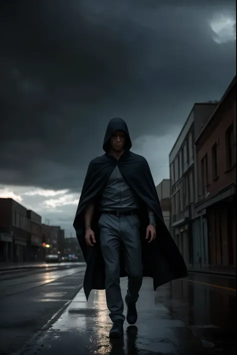 An ordinary man, dressed in everyday clothes, walks hurriedly down a deserted city street in the rain. His face is marked by an intense, worried expression as he turns sharply toward something that has just surprised him. The atmosphere is dark and mysteri...