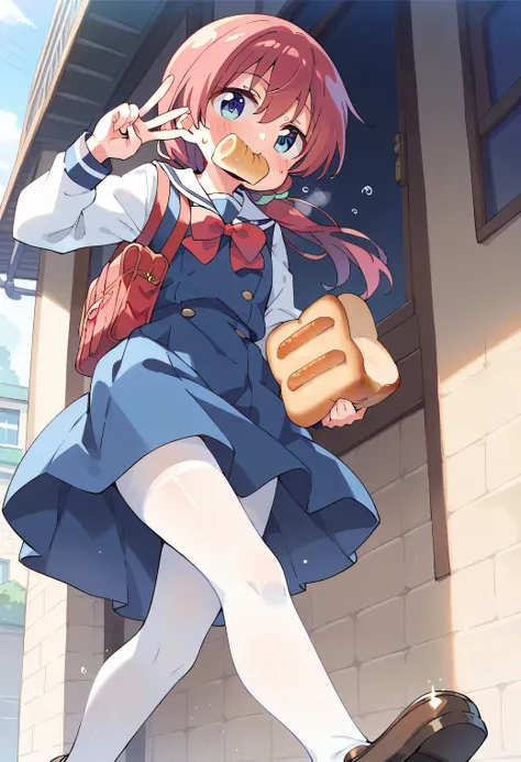 score_9, score_8_up, score_7_up, source_anime, masterpiece, 1girl, watahana, ((A high school girl running)), ((Holding a slice of bread in her mouth)), ((Holding a peace of sliced bread with mouth)), blue dress, sailor dress, pinafore dress, white sailor c...