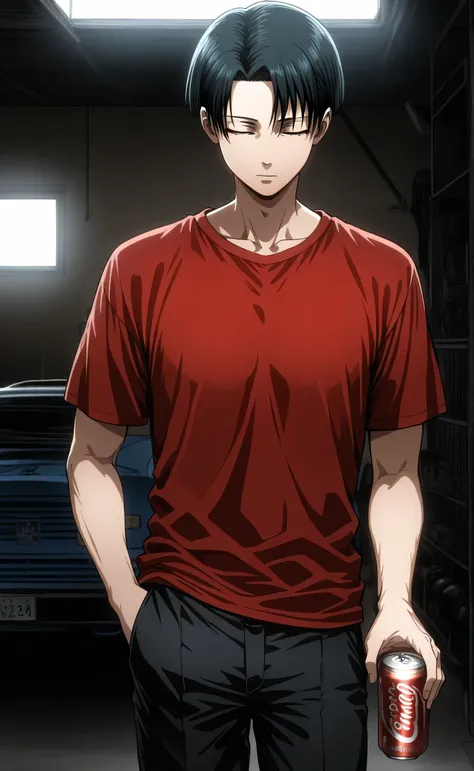 1Male,solo,Levi Ackerman,black hair,short hair,bang,closed eyes,grim,red t-shirt,black pants,holding a 1cocacola can,1hand in pocket,garage,Initial D