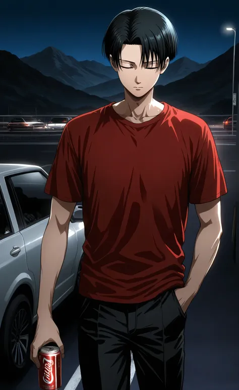 1Male,solo,Levi Ackerman,black hair,short hair,bang,closed eyes,grim,red t-shirt,black pants,holding a 1cocacola can,1hand in pocket,car parking,mountain,night,Initial D