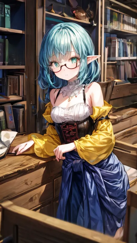 Young petite girl with long pointed elven ears, glowing sapphire blue hair, glowing green eyes, wearing a yellow blouse with see-through sleeves and a corset around the waist, flat chest, and an long violet skirt that extends down to her ankles, wearing la...