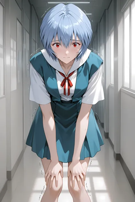 rei ayanami, ayanami rei, blue hair, short hair, red eyes,,skirt, shirt, ribbon, school uniform, white shirt, short sleeves, red ribbon, neck ribbon, tokyo-3 middle school uniform,,Solo, general, masterpiece, highres, ultra-detailed, hyper-detailed, best q...