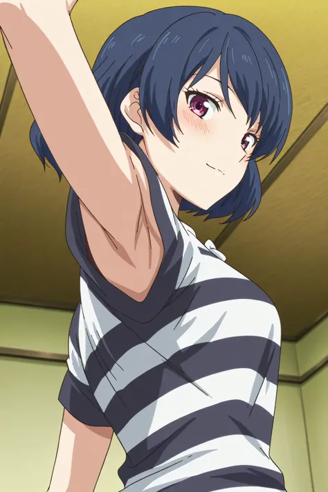 masterpiece, best quality, amazing quality, anime screencap, anime coloring, 1girl, solo, tachibana rui, medium breasts, short hair, blue hair, choppy bangs, purple eyes, striped shirt, white bow, short sleeves, bare arms, arm up, raised arm, armpit, armpi...