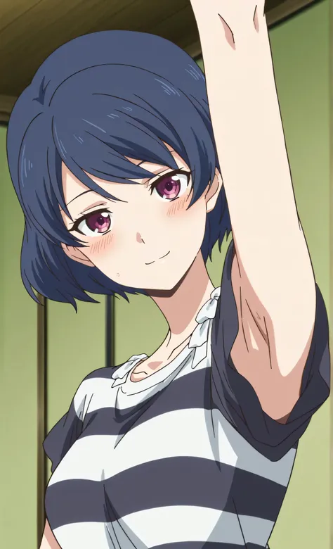 masterpiece, best quality, amazing quality, anime screencap, anime coloring, 1girl, solo, tachibana rui, medium breasts, short hair, blue hair, choppy bangs, purple eyes, striped shirt, white bow, short sleeves, bare arms, arm up, raised arm, armpit, armpi...