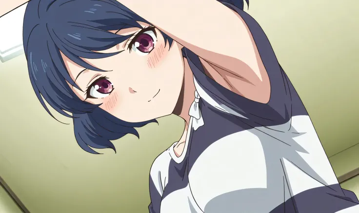 masterpiece, best quality, amazing quality, anime screencap, anime coloring, 1girl, solo, tachibana rui, medium breasts, short hair, blue hair, choppy bangs, purple eyes, striped shirt, white bow, short sleeves, bare arms, arm up, raised arm, armpit, armpi...