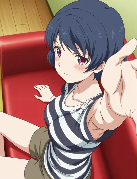 masterpiece, best quality, amazing quality, anime screencap, anime coloring, 1girl, solo, tachibana rui, medium breasts, short hair, blue hair, choppy bangs, purple eyes, striped shirt, white bow, short sleeves, bare arms, outstretched arm, armpit, armpit ...