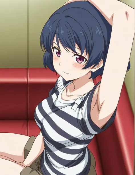 masterpiece, best quality, amazing quality, anime screencap, anime coloring, 1girl, solo, tachibana rui, medium breasts, short hair, blue hair, choppy bangs, purple eyes, striped shirt, white bow, short sleeves, bare arms, arm on own head, armpit, armpit f...