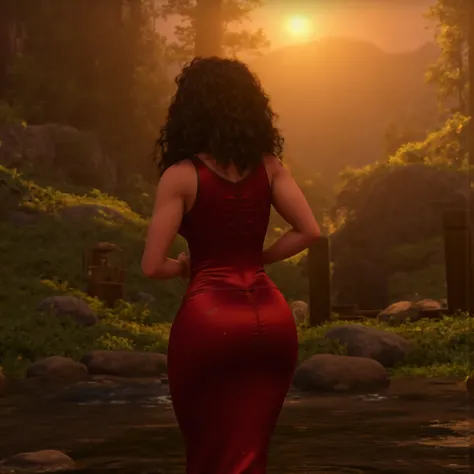 Create an image of Mavis from Hotel Transylvania, red tight dress, sexy, big tits, big hips, shiny skin, in a forest, sunrise ilumination, great ilumination. Back view