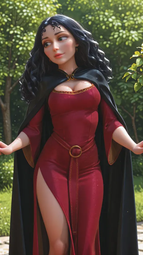 mmothergothelhood, 1girl, red dress, black hair, long hair, breasts, cape, cleavage, cloak, curly hair, front view
