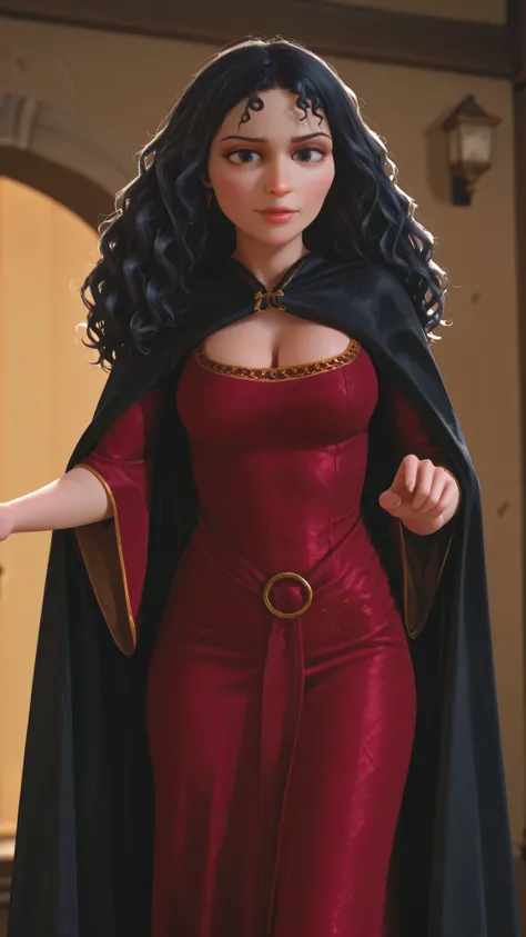 mmothergothelhood, 1girl, red dress, black hair, long hair, breasts, cape, cleavage, cloak, curly hair, front view