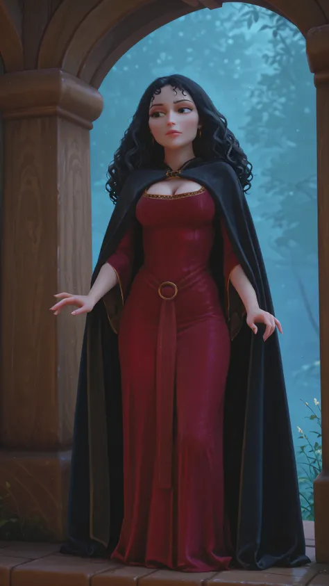 mmothergothelhood, 1girl, red dress, black hair, long hair, breasts, cape, cleavage, cloak, curly hair, front view