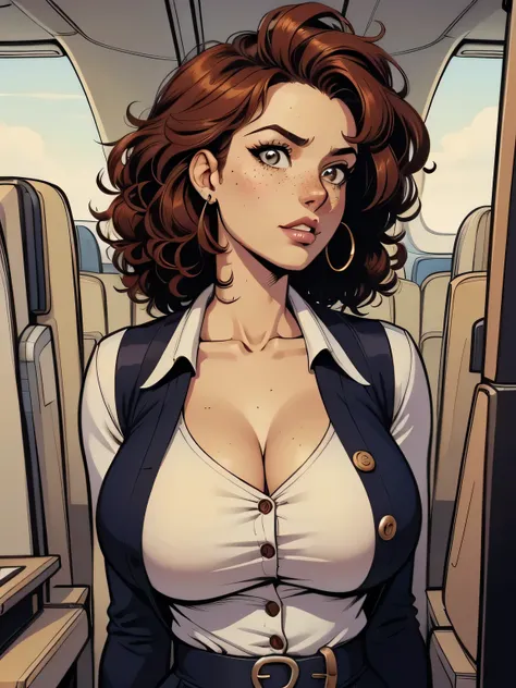 ( linhas absurdas, high definition, ultra fino,  be careful with your hand ) Close-up view of a thin and athletic woman (flight attendant), 25 anos, 16k (( high definition )),  sighing look, olhar sedutor ((looking at the spectator)), olhos castanhos, flig...