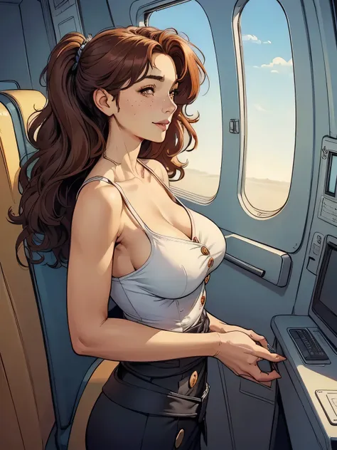 ( linhas absurdas, high definition, ultra fino,  be careful with your hand ) Close-up view of a thin and athletic woman (flight attendant), 25 anos, 16k (( high definition )), sorriso misterioso, olhar sedutor (( looking at the spectator )), olhos castanho...