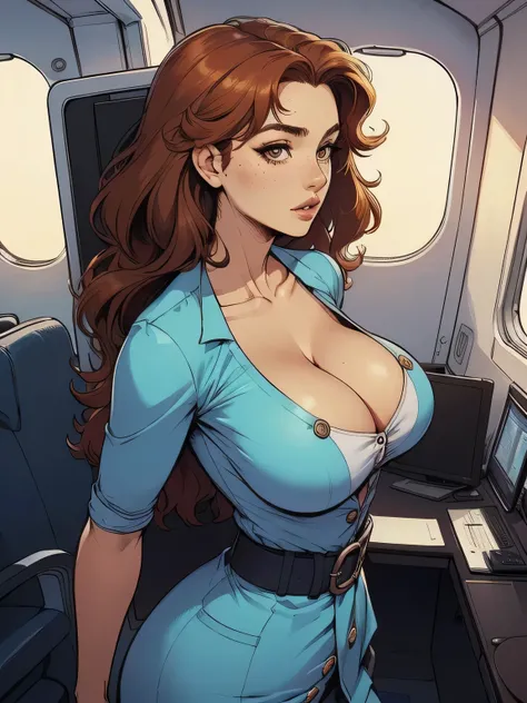 ( linhas absurdas, high definition, ultra fino,  be careful with your hand ) Close-up view of a thin and athletic woman (flight attendant), 25 anos, 16k (( high definition )), sorriso misterioso, olhar sedutor (( looking at the spectator )), olhos castanho...