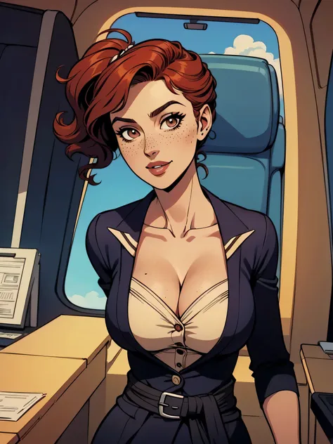 ( linhas absurdas, high definition, ultra fino,  be careful with your hand ) Close-up view of a thin and athletic woman (flight attendant), 25 anos, 16k (( high definition )), sorriso misterioso, olhar sedutor (( looking at the spectator )), olhos castanho...