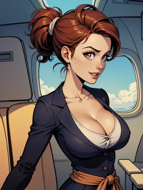 ( linhas absurdas, high definition, ultra fino,  be careful with your hand ) Close-up view of a thin and athletic woman (flight attendant), 25 anos, 16k (( high definition )), sorriso misterioso, olhar sedutor (( looking at the spectator )), olhos castanho...