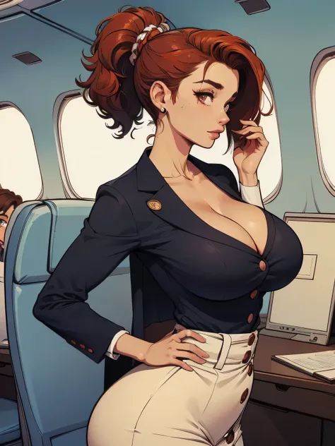 ( linhas absurdas, high definition, ultra fino,  be careful with your hand ) Close-up view of a thin and athletic woman (flight attendant), 25 anos, 16k (( high definition )), sorriso lindo, olhar sedutor (( looking at the spectator )), olhos castanhos, fl...