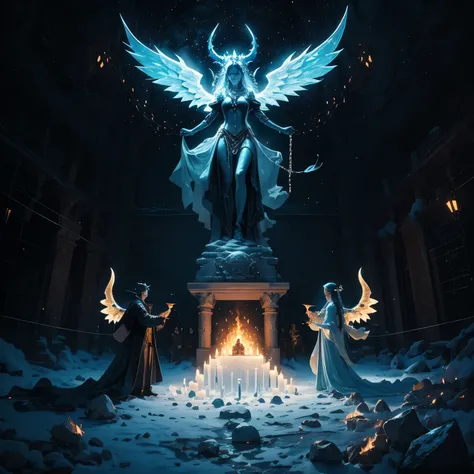 Ice Altar、Satan of Fire、Angel Man and Woman Chained Before、Superb demon fantasy、delicate depiction、BIG VIEW、full body view