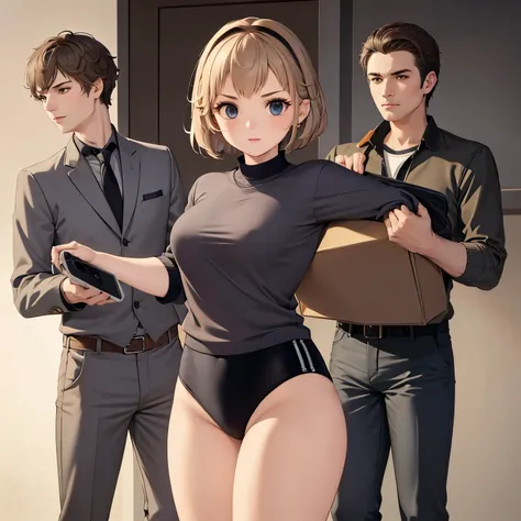 1girl wearing a black gymnastics bloomers,2boys in business suit, (sandwiched:1.1), masterpiece, best quality, highly detailed ,sword,armor,standing