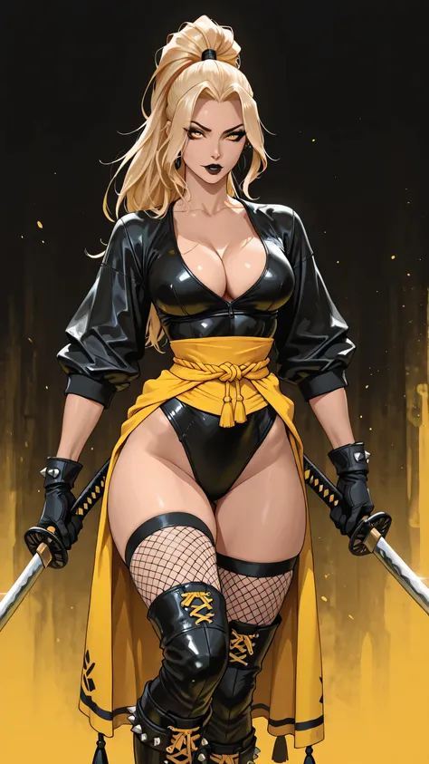 Create a female anime character with long blonde hair tied in a high ponytail, piercing yellow eyes with dark makeup, featuring a toned and athletic yet curvaceous body with a narrow waist, full bust, and strong legs. She wears a tight black leather outfit...