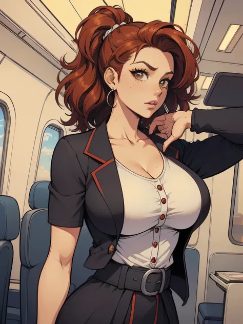 ( linhas absurdas, high definition, ultra fino,  be careful with your hand ) Close-up view of a thin and athletic woman (flight attendant), 25 anos, 16k (( high definition )), sorriso lindo, olhar sedutor (( looking at the spectator )), olhos castanhos, fl...