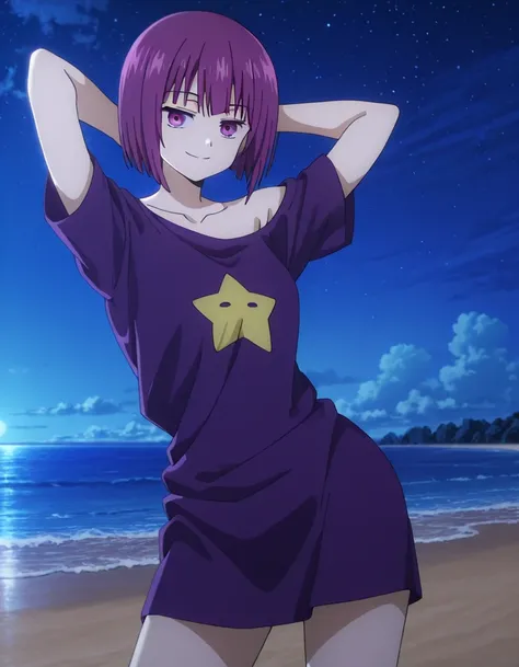 Shion, 1girl, short hair, t-shirt, purple hair, off shoulder, star (symbol), collarbone, short sleeves, purple eyes, bangs, purple shirt, anime screencap, high quality, solo, cowboy shot, (contrapposto), hands behind head, closed mouth, night sky, beach, l...