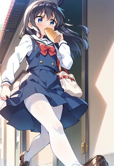 score_9, score_8_up, score_7_up, source_anime, masterpiece, 1girl, watahana, ((A high school girl running)), ((Holding a piece of sliced bread in her mouth, Holding with mouth)), blue dress, sailor dress, pinafore dress, white sailor collar, white shirt, r...