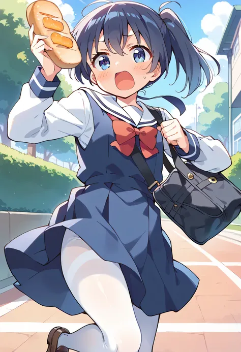 score_9, score_8_up, score_7_up, source_anime, masterpiece, 1girl, watahana, ((A high school girl running)), ((Holding a square slice of bread in her mouth)), ((Holding a peace of sliced square bread with mouth)), blue dress, sailor dress, pinafore dress, ...