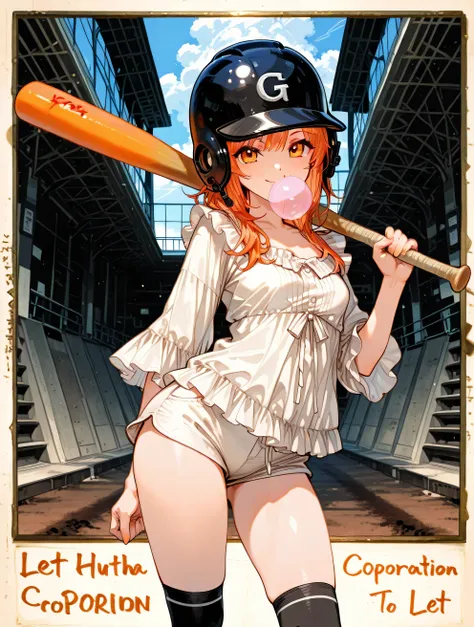 black baseball helmet with G、White frill blouse shorts、thighs、holding a bat、with big chewing gum puffed up in your mouth、Dome Baseball Stadium、((((Left Hitter Position))))、cheerful smile、High Socks、((((Composition from the left side))))、batter stance、Orang...
