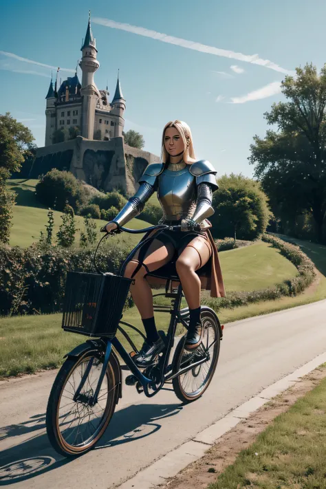 medieval woman riding modern bicycle knight in armor，Blonde，Woman in knight costume，real，woman biking towards castle，