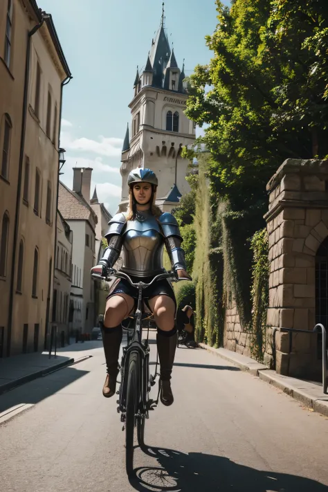 medieval woman riding modern bicycle knight in armor，Blonde，Woman in knight costume，real，woman biking towards castle，