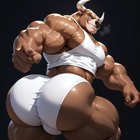 bull, brown body, furry, blue eyes, very handsome, muscular, wearing a white tank top and white briefs, from behind, looking back with evil smirk on a black background, on a black background, very muscular, Muscles Hyper Buff, gigantic ass, huge ass, white...