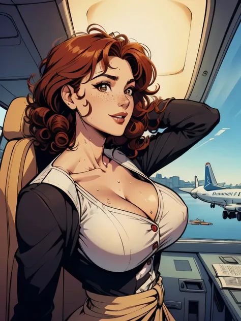 ( linhas absurdas, high definition, ultra fino,  be careful with your hand ) Close-up view of a thin and athletic woman (flight attendant), 25 anos, 16k (( high definition )), sorriso misterioso, olhar sedutor (( looking at the spectator )), olhos castanho...