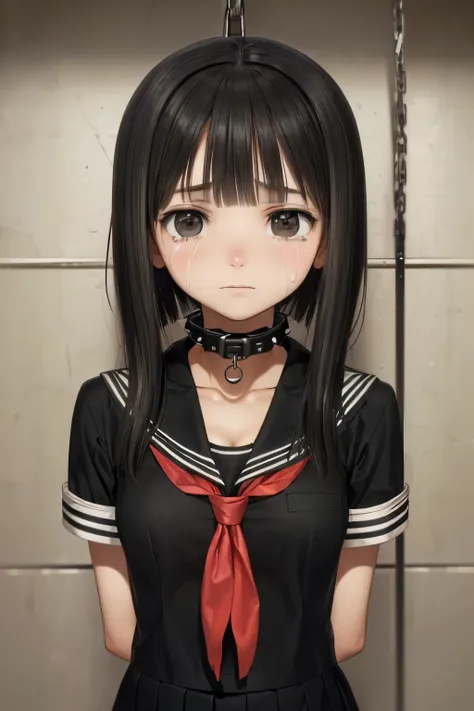 (masterpiece, Best Quality, 8K,Raw photo, High resolution:1.7), (upper body, arms behind back, a captive girl, 1 girl, looking at viewer:1.8), (tearful eyes, a lot of teardrops, Frowning, screaming, crying, sobbing, tearing, tearful, full-face blush, embar...