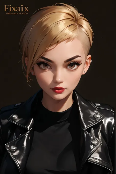 simple background, perfect face, pixie cut hair, blonde hair, black eyebrows, thin eyebrows, big eyes, brown eyes, thick lipstick, beautiful woman, black jacket, black shirt, ((shiny skin)), ((glossy skin))