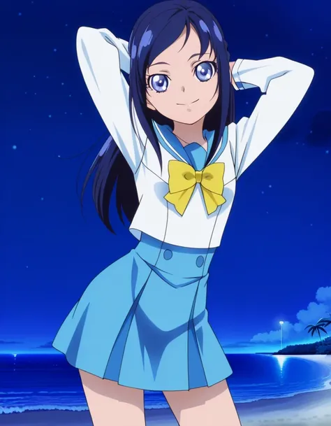 hishikawarikka, sailor collar, school uniform, blue sailor collar, yellow bow , anime screencap, high quality, solo, night sky, beach, hands behind head, ((contrapposto)), closed mouth, cowboy shot, looking at viewer, smile, best quality