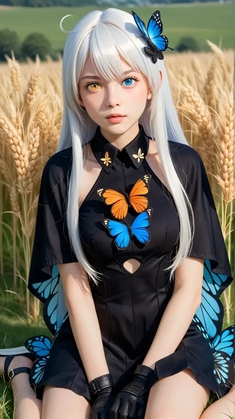 1girl, solo,kiana kaslana void drifter,white hair,long hair,outdoors,potrait,medium breast,heterochromia eyes,(front view:1.4),looking at viewer, potrait,close up,(teen girl:1.5),(butterfly dress:1.5),(sitting on grass wheat field:1.5),hair ornament,(black...
