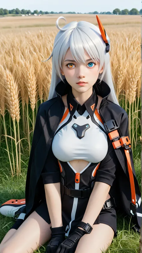 1girl, solo,kiana kaslana void drifter,white hair,long hair,outdoors,potrait,medium breast,heterochromia eyes,(front view:1.4),looking at viewer, potrait,close up,(teen girl:1.5),(battle gear outfit:1.5),(sitting on grass wheat field:1.5),hair ornament,(bl...