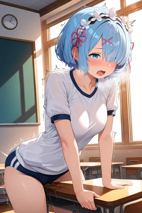 aarem, short hair, blue hair, maid headdress, x hair ornament, hair ribbon, hair over one eye, blue eyes,,solo, very cute, 20 yo, (masterpiece, best quality, newest)

1girl , standing , leaning forward , table humping , crotch rub , BREAK girl , detailed e...