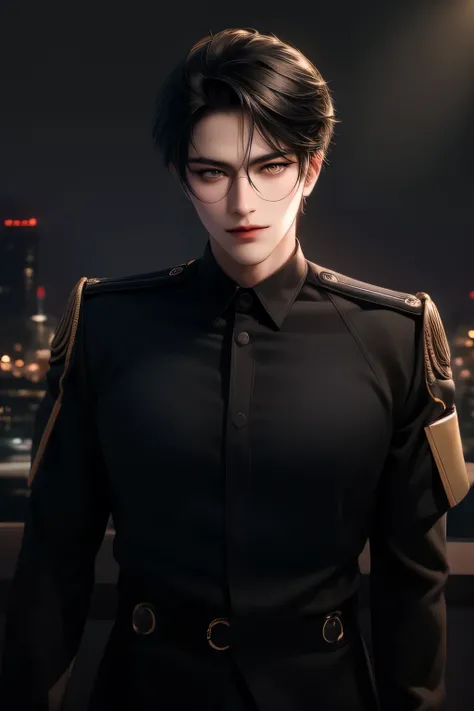 (masterpiece,best quality,ultra_detailed,highres,absurdres) (detailed shadow) (quality light),1 mature male, 21 years old, korean male focus, solo, mid-length black hair, (yellow eyes), city background, full body, looking at viewer, parted lips, round eyew...