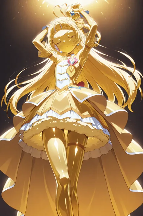 cure ink , kimi to Idol precure, golden hair, Magical Girl, mini crown, Golden Dress, Slanted Hat , very long hair, dull bangs, shoulder out, Gold_hair band, gem, Idol clothes, Idol,Gold_heart brooch, Gold_headsets,
masterpiece, Highest Quality, Newest, ...