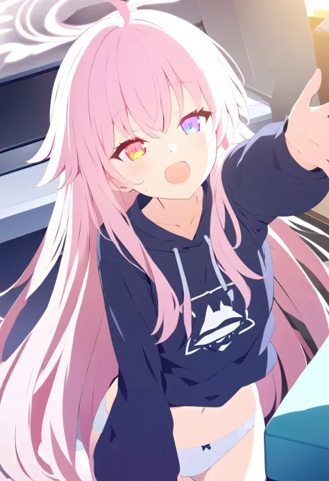 only one girl ，粉色 hair,   long hair,  （ Different colored eyes :1.5), (   大大的Chest  :1.2)，
underwear, Thighs,  White_underwear,underwear，  black sweatshirt ，Long_hair, Chest，when your arms are extended，You won't be able to fasten your pajamas ， Bare Belly，...