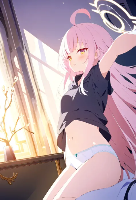 only one girl ，粉色 hair,   long hair,  （ golden eyes :1.5), (   大大的Chest  :1.2)，
underwear, Thighs,  White_underwear,underwear，  black sweatshirt ，Long_hair, Chest，when your arms are extended，You won't be able to fasten your pajamas ， Bare Belly，  close you...