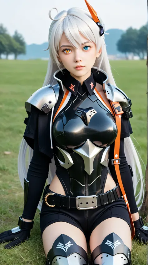 1girl, solo,kiana kaslana void drifter,white hair,long hair,outdoors,potrait,medium breast,heterochromia eyes,(front view:1.4),looking at viewer, potrait,close up,(teen girl:1.5),sitting on grass (armored bodysuit:1.5),hair ornament,(black glove:1.5)