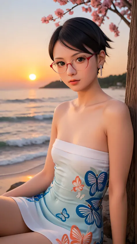 1girl, solo,sarada uchiha,black eyes,black hair,buzz-cut hair,outdoors,potrait,small breast,nature,sitting on water,navel,wear glasses,(sunset:1.5),beach, close up,earings,sunset,bare shoulders, looking at viewer, big wave,(butterfly dress:1.5),cherry blos...
